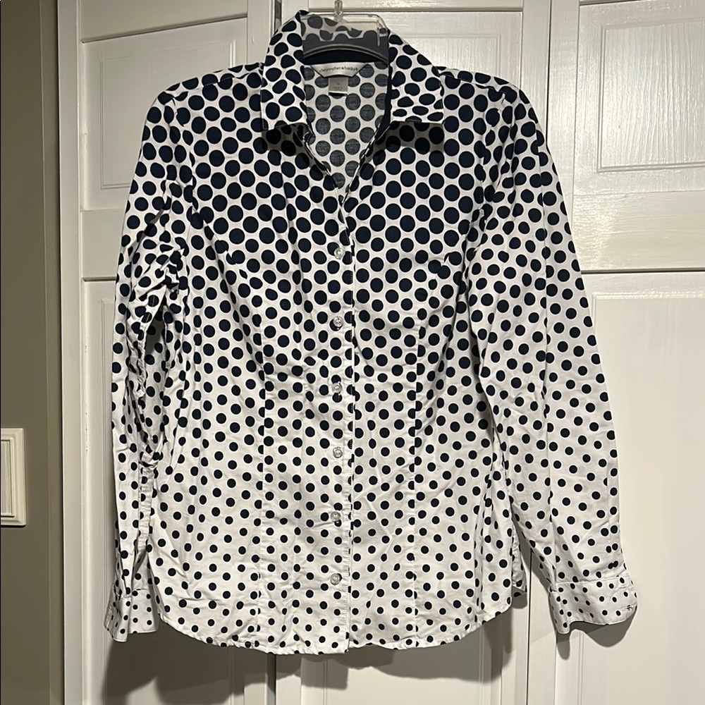 Christopher & Banks Navy and White Polka Dot Blouse